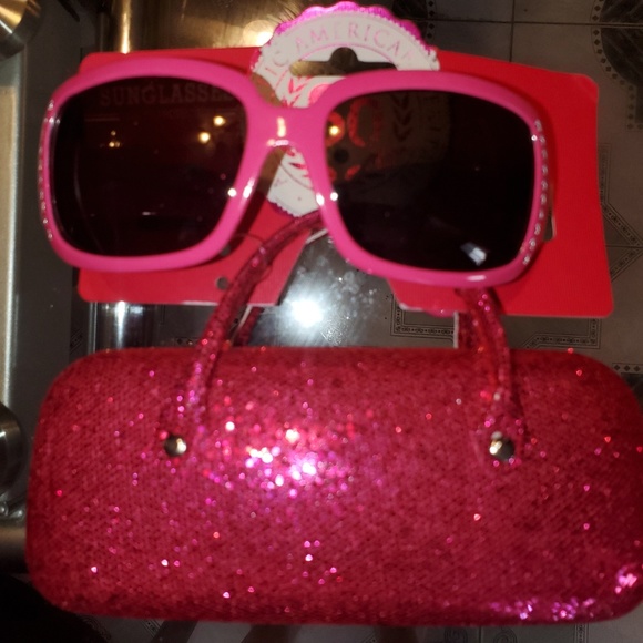 Girls Pink Rhinestone Trim Sunglasses Sequin Case - Picture 1 of 7